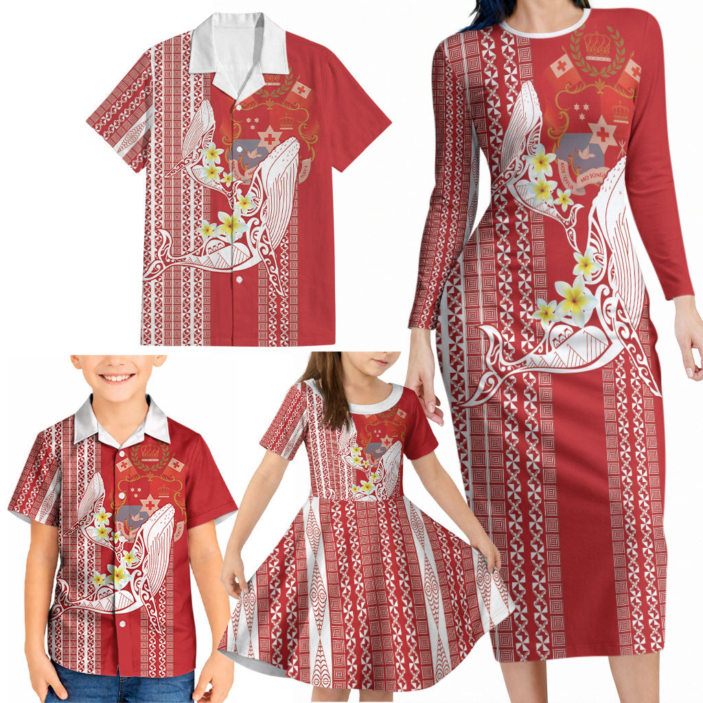 Swimming With Humpback Whales Season Tonga Family Matching Long Sleeve Bodycon Dress and Hawaiian Shirt Tongan Tofuaa Ngatu Pattern Red