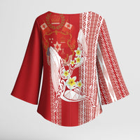 Swimming With Humpback Whales Season Tonga Kimono Sleeve Blouse Tongan Tofuaa Ngatu Pattern Red LT14 - Polynesian Pride