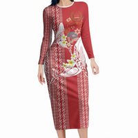 Swimming With Humpback Whales Season Tonga Long Sleeve Bodycon Dress Tongan Tofuaa Ngatu Pattern Red LT14 Long Dress Red - Polynesian Pride