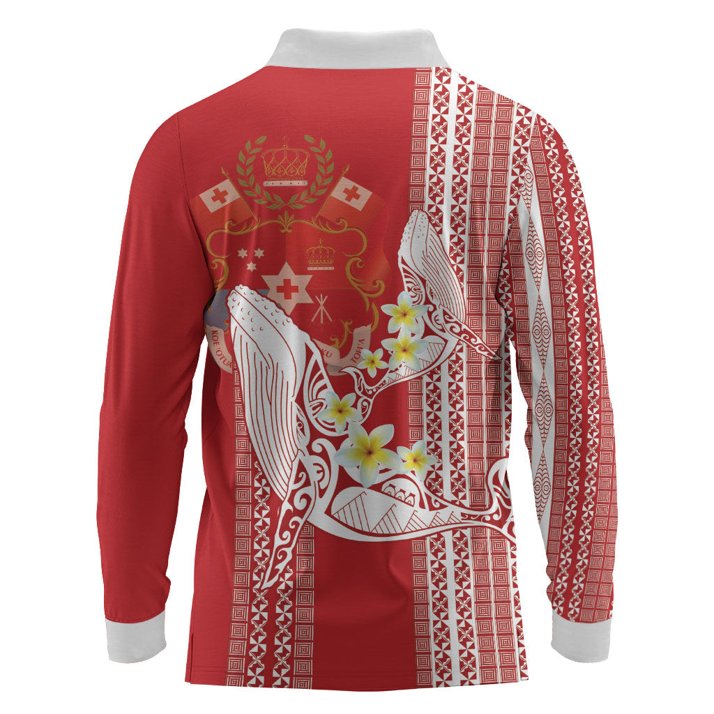 Swimming With Humpback Whales Season Tonga Long Sleeve Polo Shirt Tongan Tofuaa Ngatu Pattern Red LT14 - Polynesian Pride