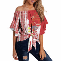 Swimming With Humpback Whales Season Tonga Off Shoulder Wrap Waist Top Tongan Tofuaa Ngatu Pattern Red LT14 Red - Polynesian Pride