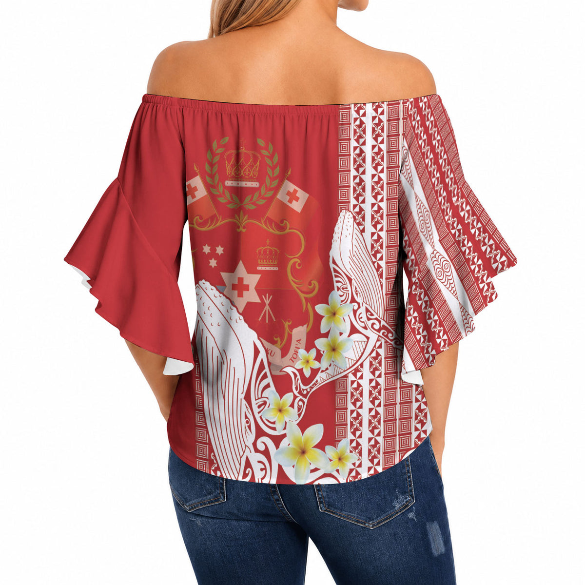 Swimming With Humpback Whales Season Tonga Off Shoulder Wrap Waist Top Tongan Tofuaa Ngatu Pattern Red LT14 - Polynesian Pride