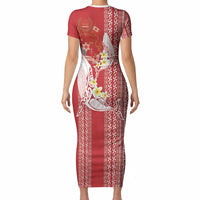 Swimming With Humpback Whales Season Tonga Short Sleeve Bodycon Dress Tongan Tofuaa Ngatu Pattern Red LT14 - Polynesian Pride