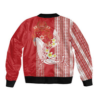 Swimming With Humpback Whales Season Tonga Sleeve Zip Bomber Jacket Tongan Tofuaa Ngatu Pattern Red LT14 - Polynesian Pride
