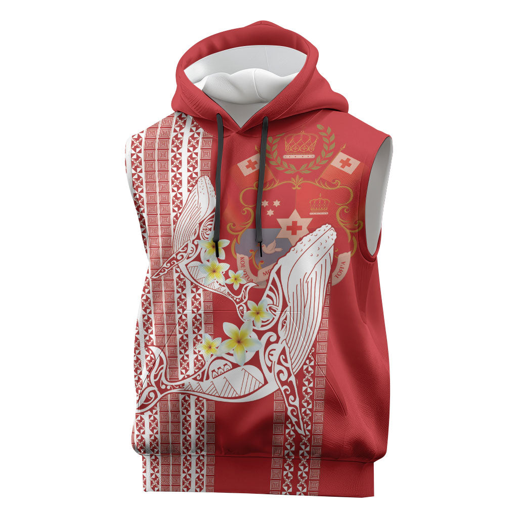 Swimming With Humpback Whales Season Tonga Sleeveless Hoodie Tongan Tofuaa Ngatu Pattern Red LT14 Red - Polynesian Pride