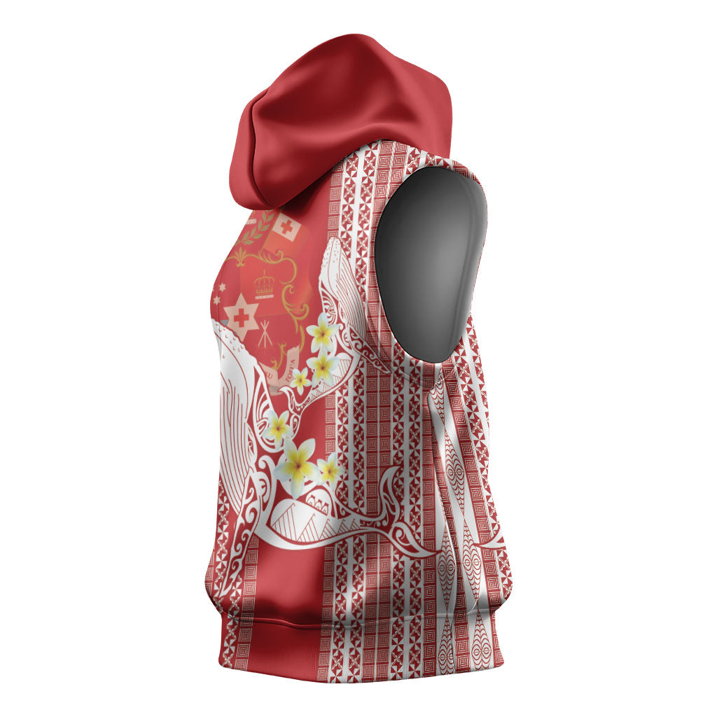Swimming With Humpback Whales Season Tonga Sleeveless Hoodie Tongan Tofuaa Ngatu Pattern Red LT14 - Polynesian Pride