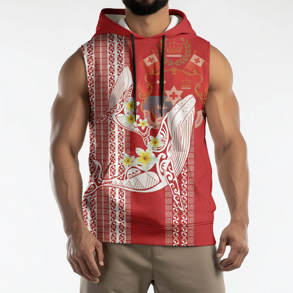 Swimming With Humpback Whales Season Tonga Sleeveless Hoodie Tongan Tofuaa Ngatu Pattern Red LT14 - Polynesian Pride