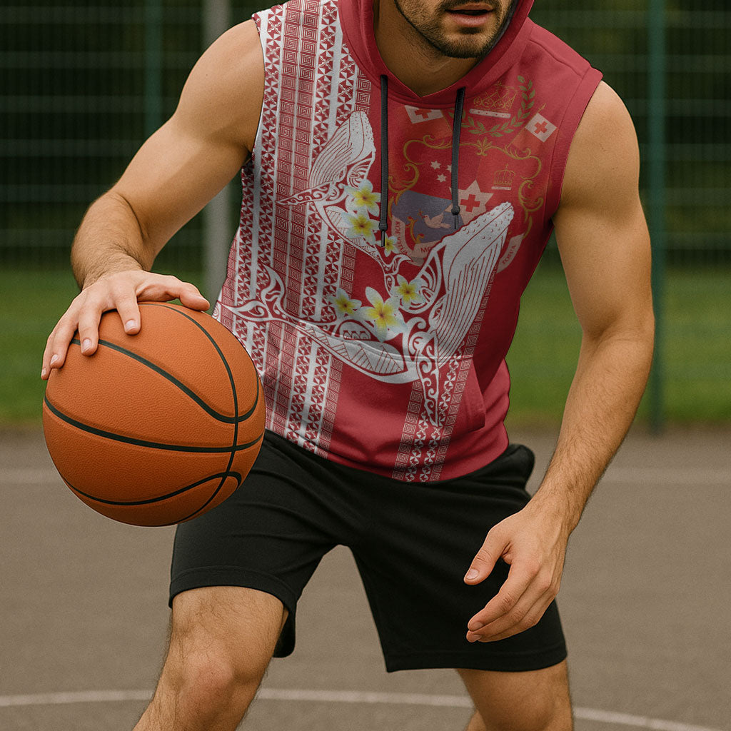 Swimming With Humpback Whales Season Tonga Sleeveless Hoodie Tongan Tofuaa Ngatu Pattern Red LT14 - Polynesian Pride