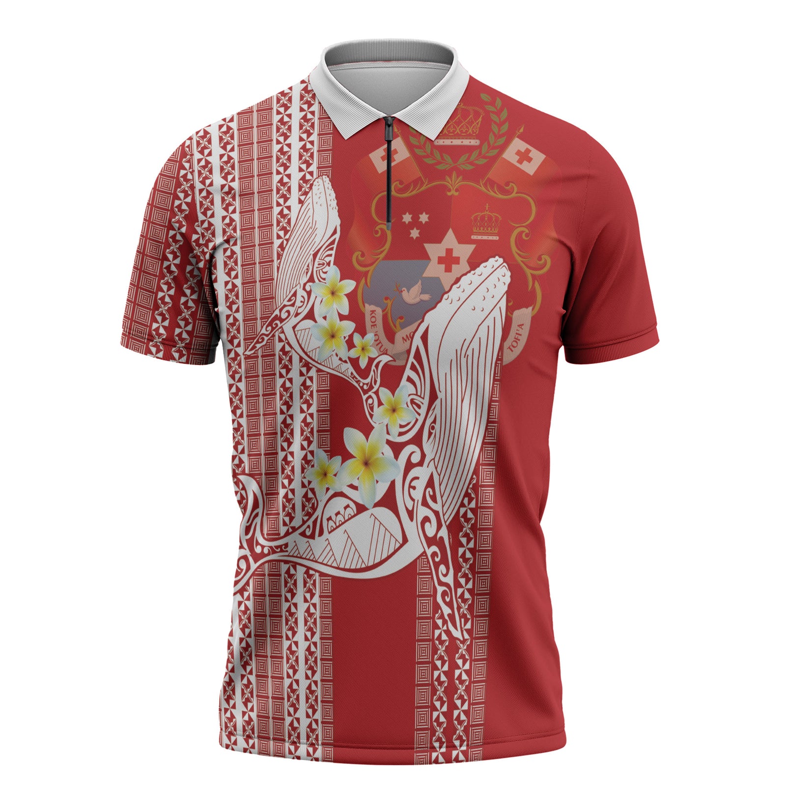 Swimming With Humpback Whales Season Tonga Zipper Polo Shirt Tongan Tofuaa Ngatu Pattern Red