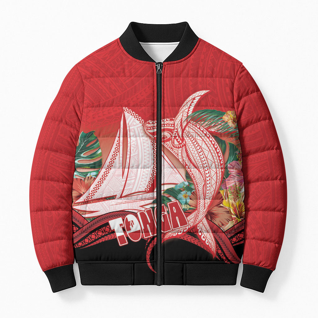 Vavau Sailing Festival Tonga Personalised Bomber Puffer Jacket Humpback Whale Sailboat Tropical Vibes LT14 Unisex Red - Polynesian Pride
