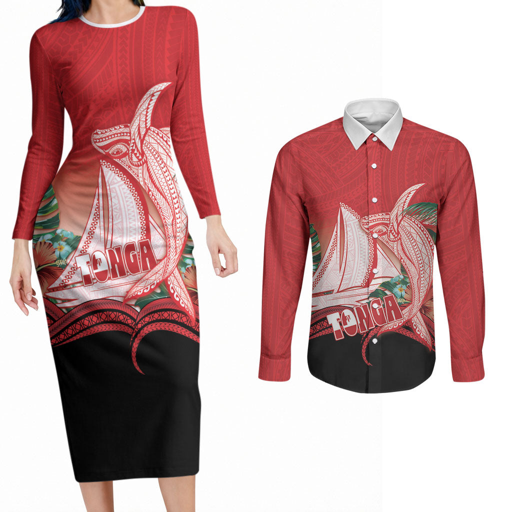 Vavau Sailing Festival Tonga Personalised Couples Matching Long Sleeve Bodycon Dress and Long Sleeve Button Shirt Humpback Whale Sailboat Tropical Vibes LT14 Red - Polynesian Pride
