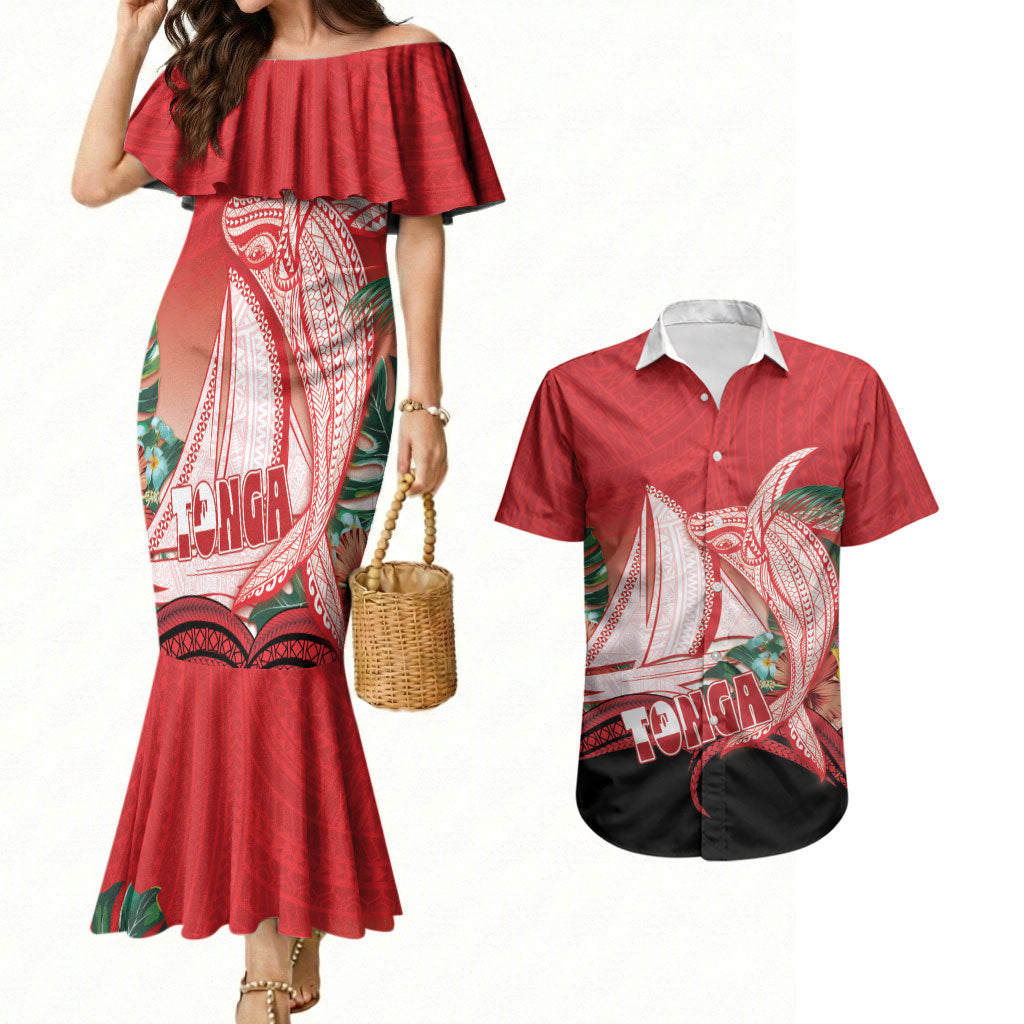 Vavau Sailing Festival Tonga Personalised Couples Matching Mermaid Dress and Hawaiian Shirt Humpback Whale Sailboat Tropical Vibes LT14 Red - Polynesian Pride