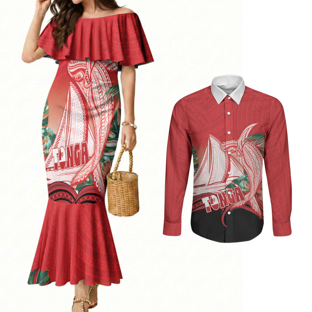 Vavau Sailing Festival Tonga Personalised Couples Matching Mermaid Dress and Long Sleeve Button Shirt Humpback Whale Sailboat Tropical Vibes LT14 Red - Polynesian Pride