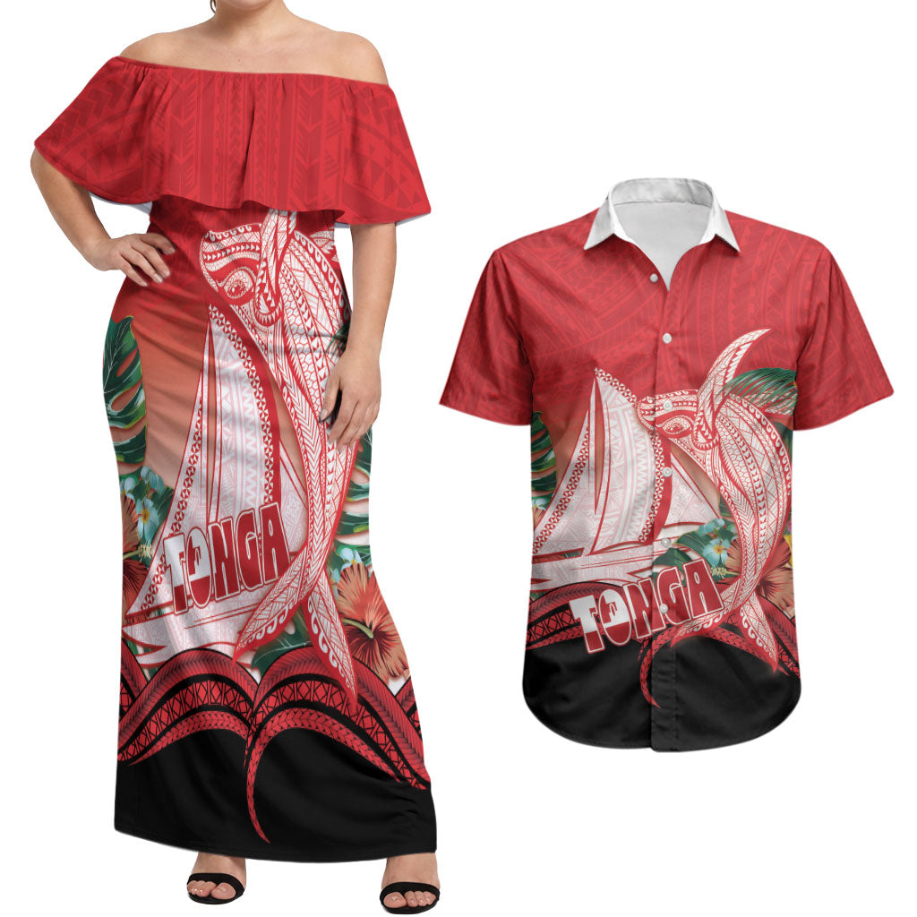 Vavau Sailing Festival Tonga Personalised Couples Matching Off Shoulder Maxi Dress and Hawaiian Shirt Humpback Whale Sailboat Tropical Vibes LT14 Red - Polynesian Pride