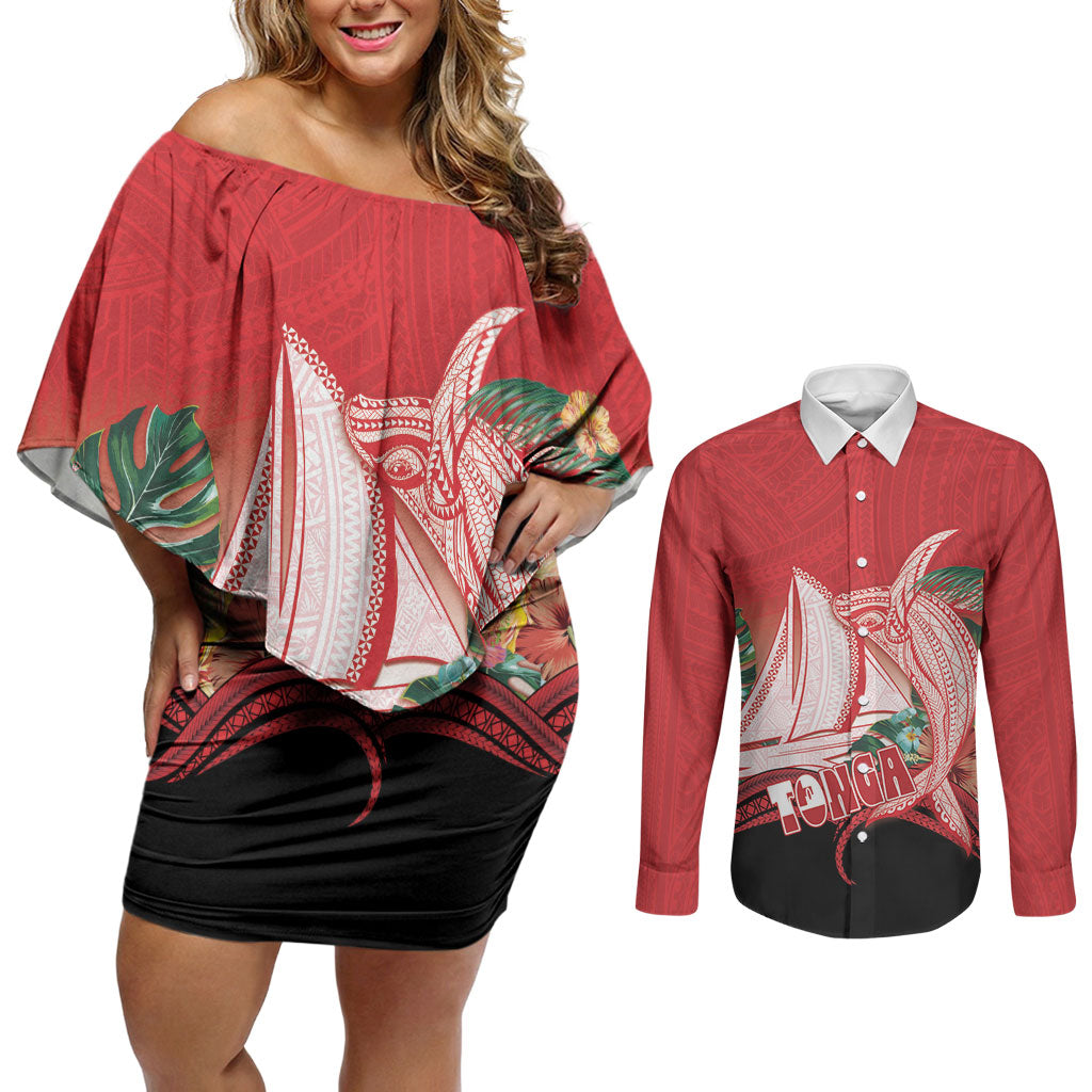 Vavau Sailing Festival Tonga Personalised Couples Matching Off Shoulder Short Dress and Long Sleeve Button Shirt Humpback Whale Sailboat Tropical Vibes LT14 Red - Polynesian Pride