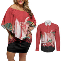 Vavau Sailing Festival Tonga Personalised Couples Matching Off Shoulder Short Dress and Long Sleeve Button Shirt Humpback Whale Sailboat Tropical Vibes LT14 Red - Polynesian Pride