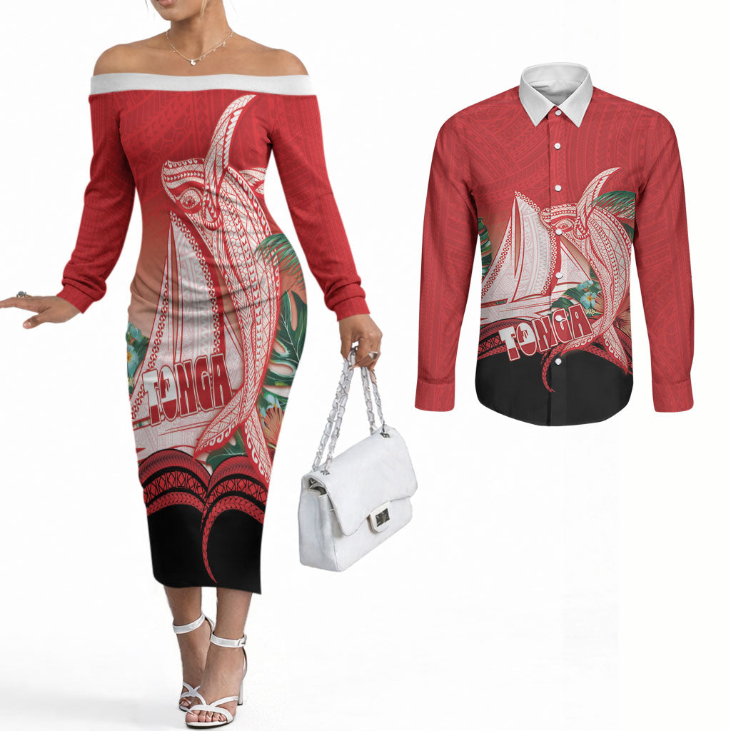 Vavau Sailing Festival Tonga Personalised Couples Matching Off The Shoulder Long Sleeve Dress and Long Sleeve Button Shirt Humpback Whale Sailboat Tropical Vibes LT14 Red - Polynesian Pride