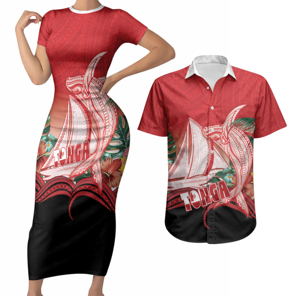 Vavau Sailing Festival Tonga Personalised Couples Matching Short Sleeve Bodycon Dress and Hawaiian Shirt Humpback Whale Sailboat Tropical Vibes LT14 Red - Polynesian Pride
