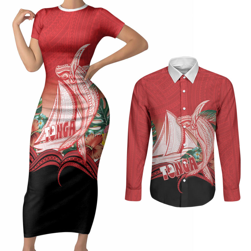 Vavau Sailing Festival Tonga Personalised Couples Matching Short Sleeve Bodycon Dress and Long Sleeve Button Shirt Humpback Whale Sailboat Tropical Vibes LT14 Red - Polynesian Pride