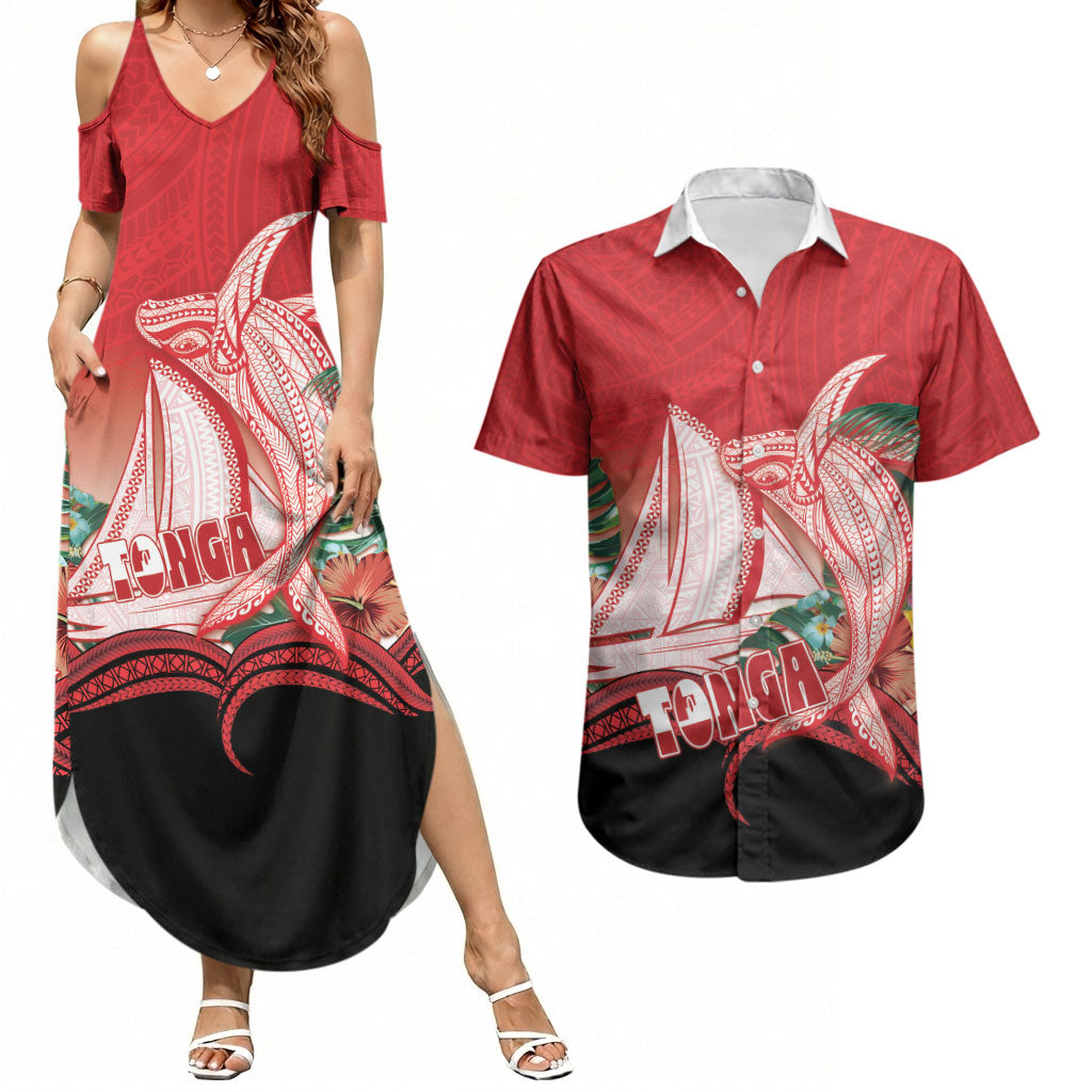 Vavau Sailing Festival Tonga Personalised Couples Matching Summer Maxi Dress and Hawaiian Shirt Humpback Whale Sailboat Tropical Vibes LT14 Red - Polynesian Pride
