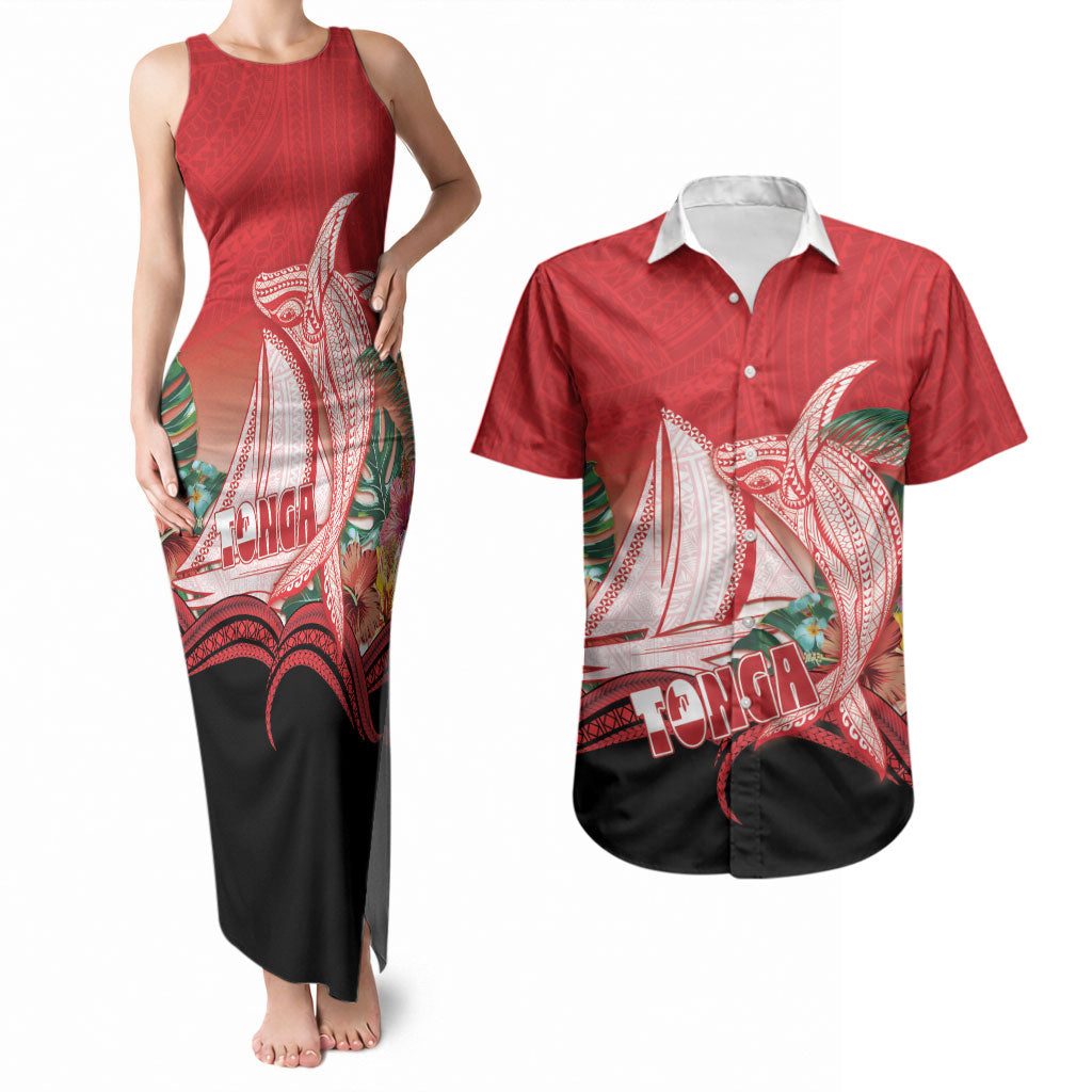 Vavau Sailing Festival Tonga Personalised Couples Matching Tank Maxi Dress and Hawaiian Shirt Humpback Whale Sailboat Tropical Vibes LT14 Red - Polynesian Pride