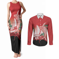 Vavau Sailing Festival Tonga Personalised Couples Matching Tank Maxi Dress and Long Sleeve Button Shirt Humpback Whale Sailboat Tropical Vibes LT14 Red - Polynesian Pride