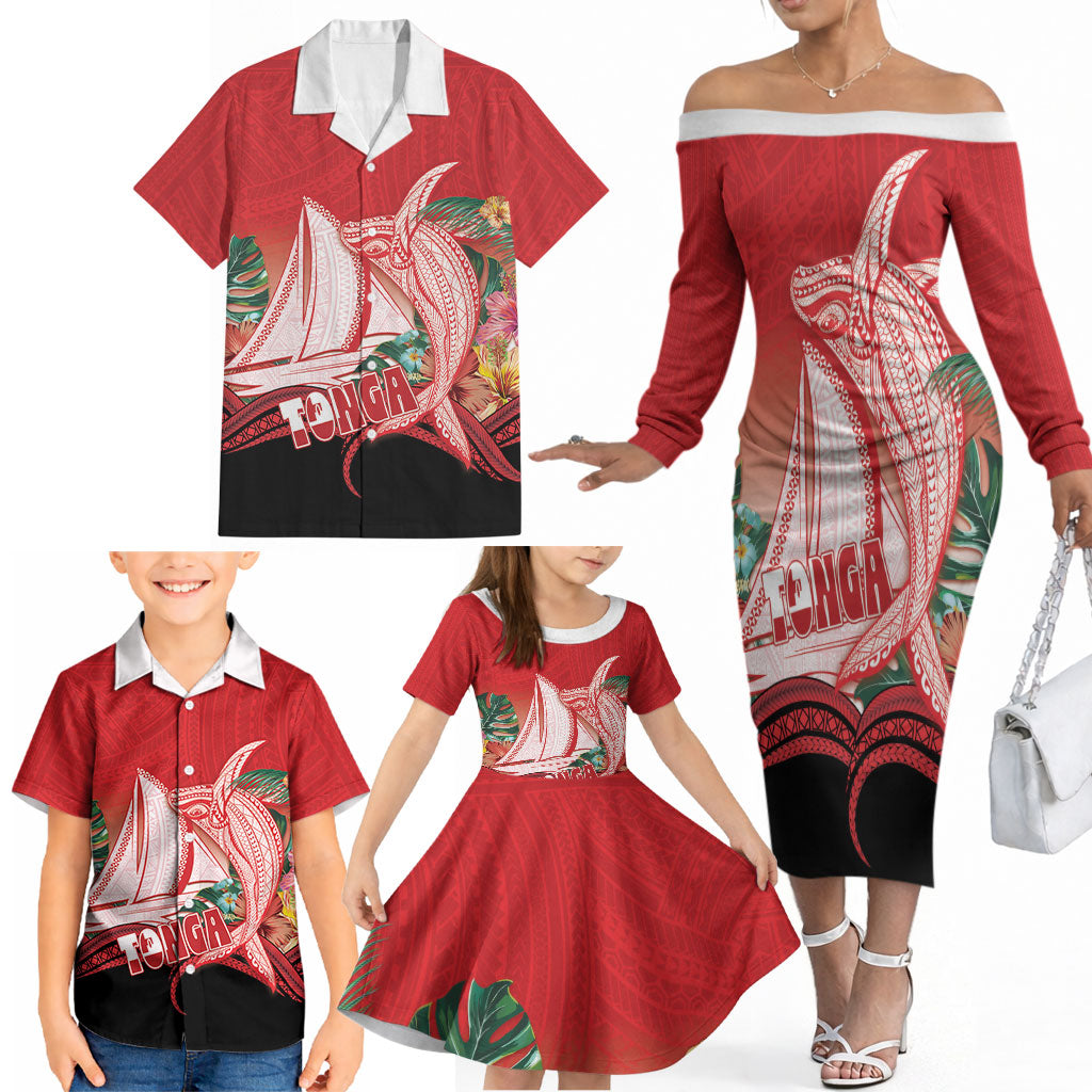 Vavau Sailing Festival Tonga Personalised Family Matching Off The Shoulder Long Sleeve Dress and Hawaiian Shirt Humpback Whale Sailboat Tropical Vibes