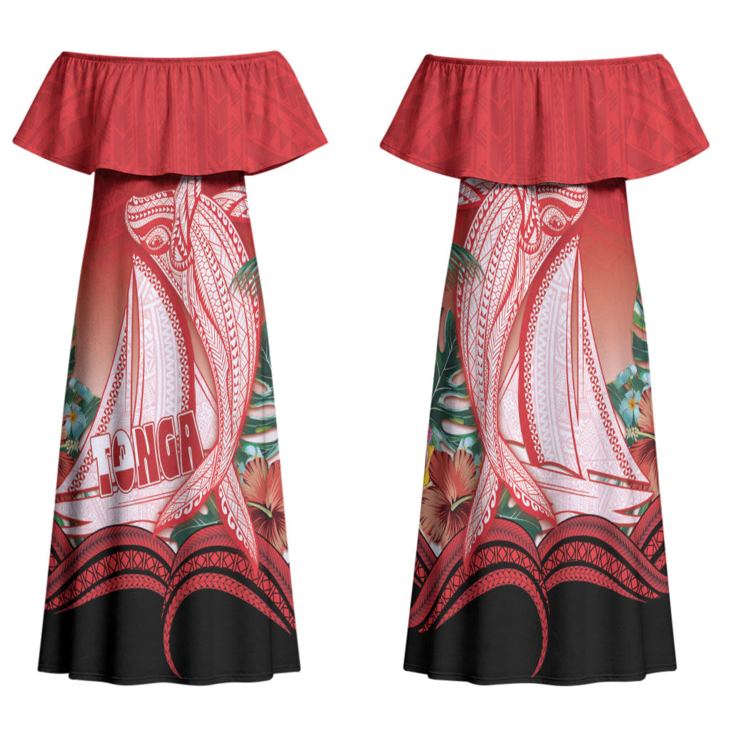 Vavau Sailing Festival Tonga Personalised Family Matching Off Shoulder Maxi Dress and Hawaiian Shirt Humpback Whale Sailboat Tropical Vibes LT14 Mom's Dress Red - Polynesian Pride