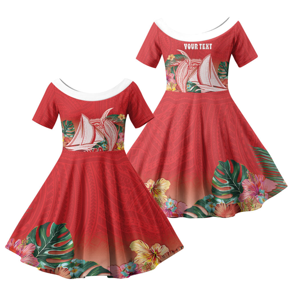 Vavau Sailing Festival Tonga Personalised Family Matching Puletasi and Hawaiian Shirt Humpback Whale Sailboat Tropical Vibes LT14 Daughter's Dress Red - Polynesian Pride