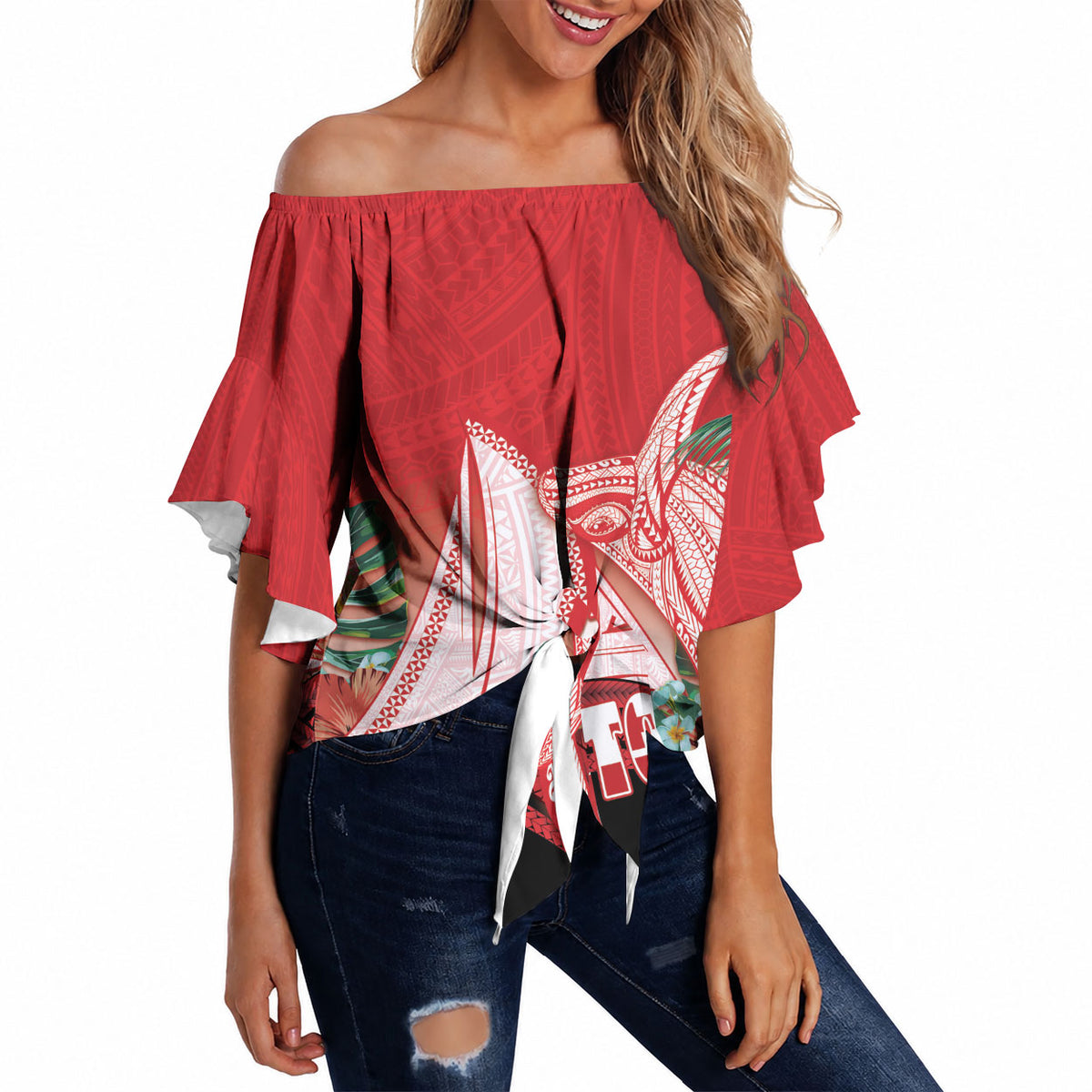 Vavau Sailing Festival Tonga Personalised Off Shoulder Wrap Waist Top Humpback Whale Sailboat Tropical Vibes LT14 Red - Polynesian Pride