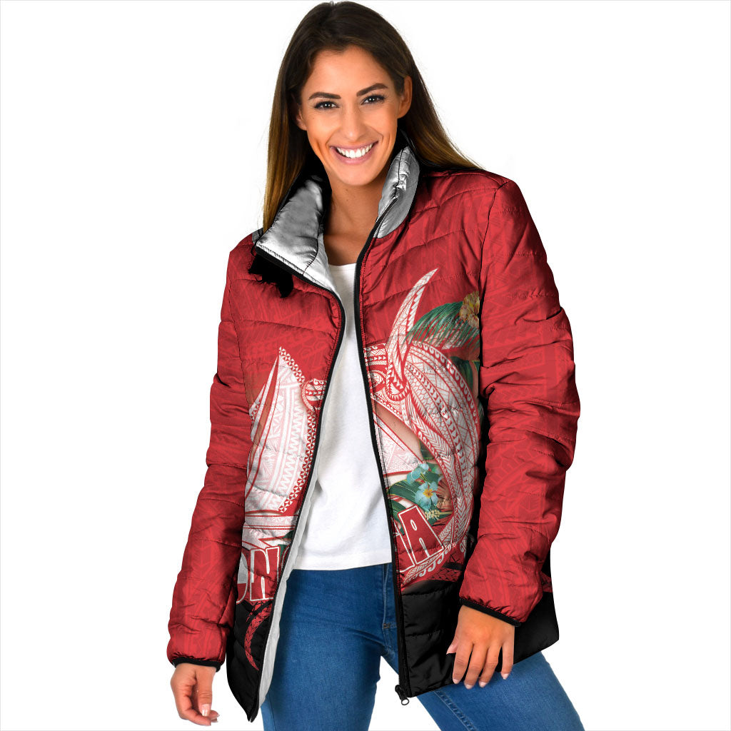 Vavau Sailing Festival Tonga Personalised Padded Jacket Humpback Whale Sailboat Tropical Vibes LT14 Women Red - Polynesian Pride