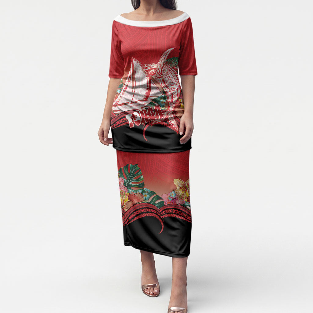 Vavau Sailing Festival Tonga Personalised Puletasi Humpback Whale Sailboat Tropical Vibes LT14 Long Dress Red - Polynesian Pride