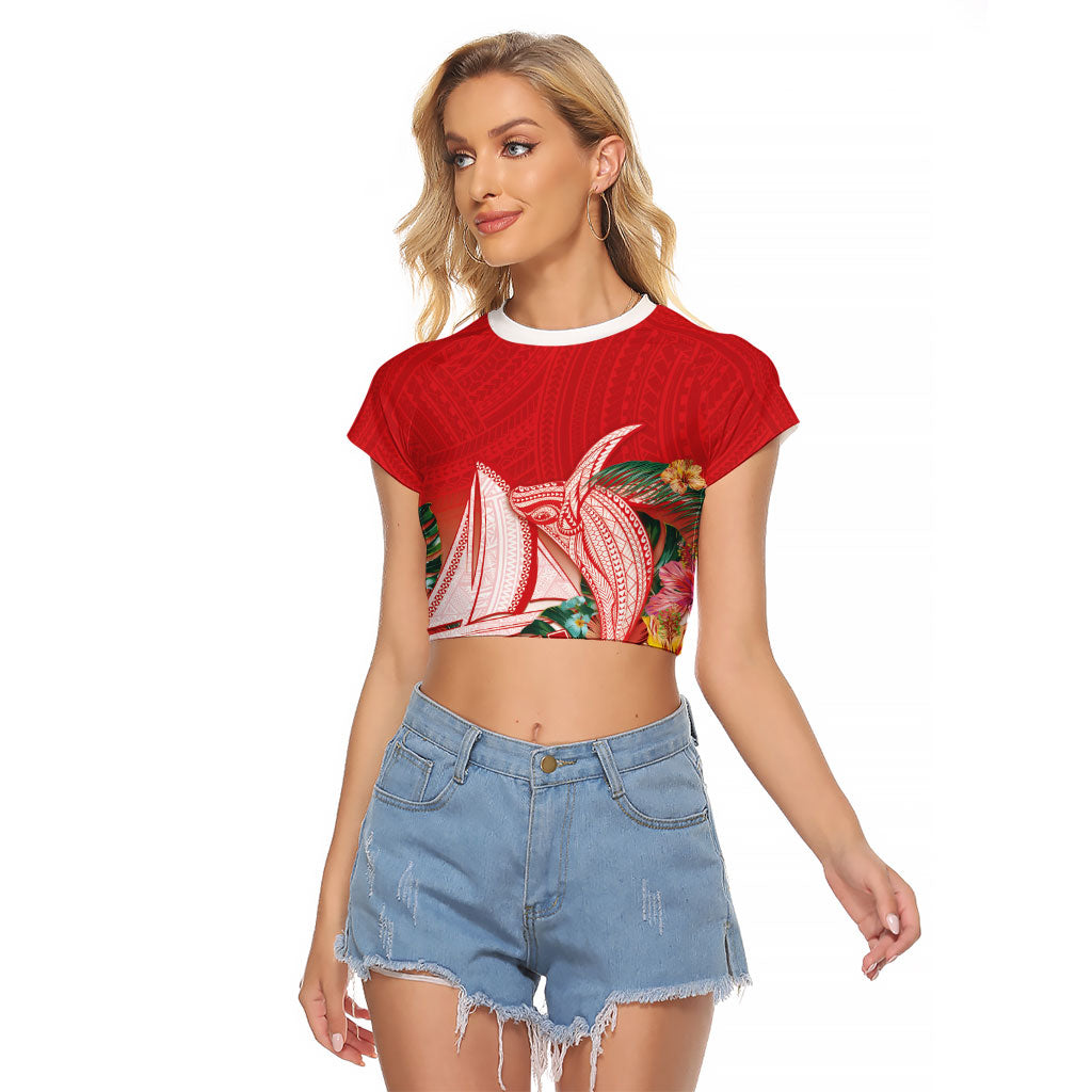 Vavau Sailing Festival Tonga Personalised Raglan Cropped T Shirt Humpback Whale Sailboat Tropical Vibes LT14 Female Red - Polynesian Pride