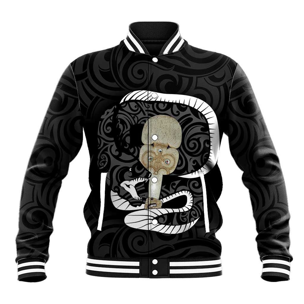 Black New Zealand Eel Baseball Jacket Aotearoa Maori Tuna With Kotiate Weapon LT14 Unisex Black - Polynesian Pride