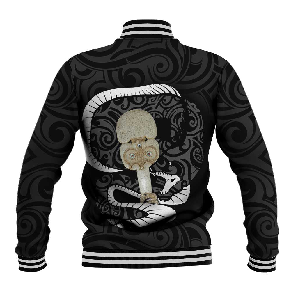 Black New Zealand Eel Baseball Jacket Aotearoa Maori Tuna With Kotiate Weapon LT14 - Polynesian Pride