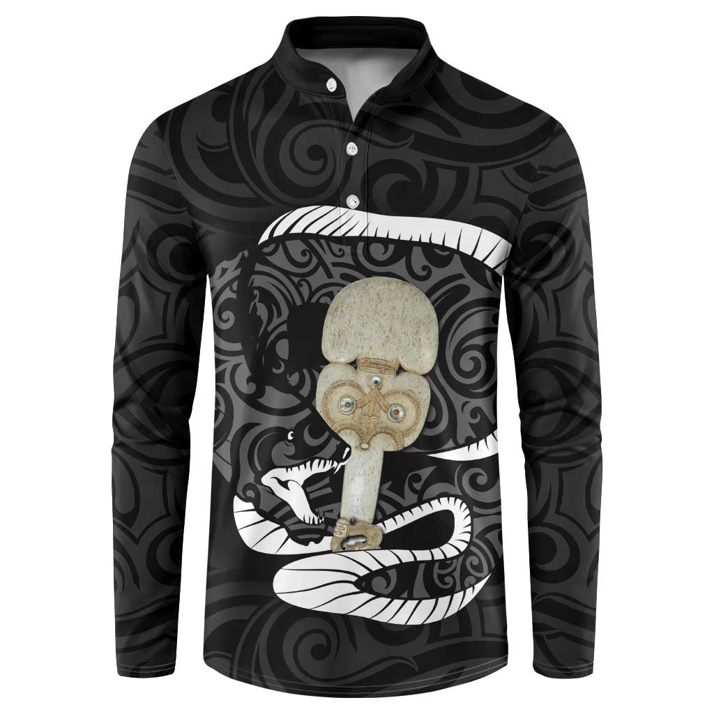 Black New Zealand Eel Button Sweatshirt Aotearoa Maori Tuna With Kotiate Weapon LT14 Black - Polynesian Pride