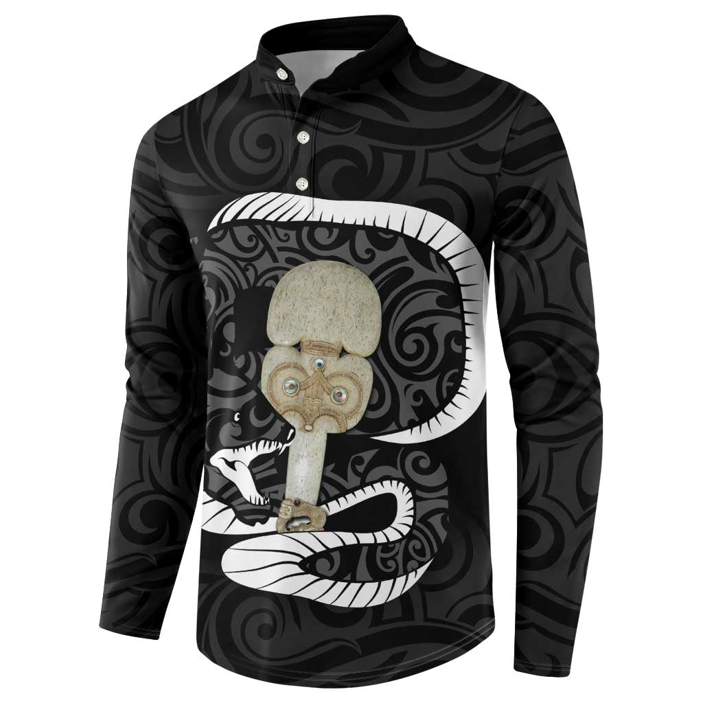 Black New Zealand Eel Button Sweatshirt Aotearoa Maori Tuna With Kotiate Weapon LT14 - Polynesian Pride