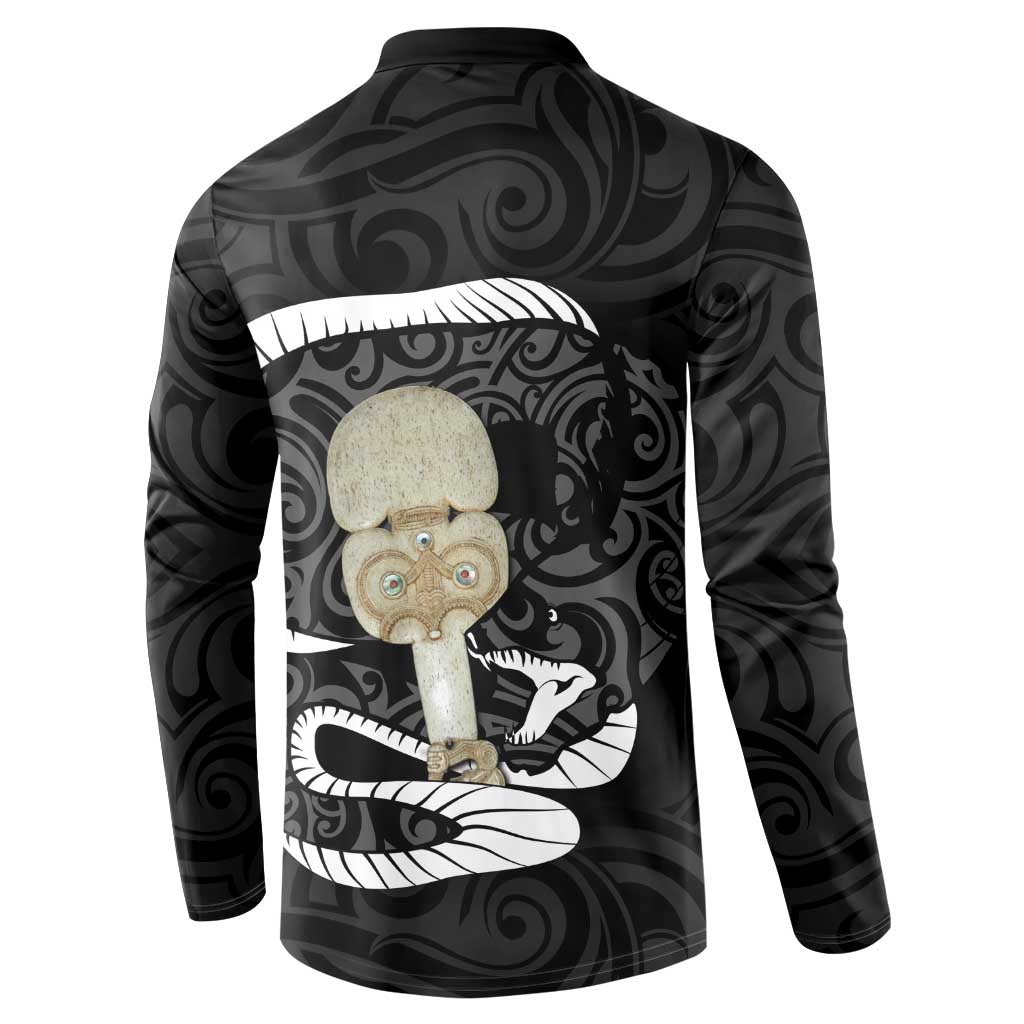Black New Zealand Eel Button Sweatshirt Aotearoa Maori Tuna With Kotiate Weapon LT14 - Polynesian Pride