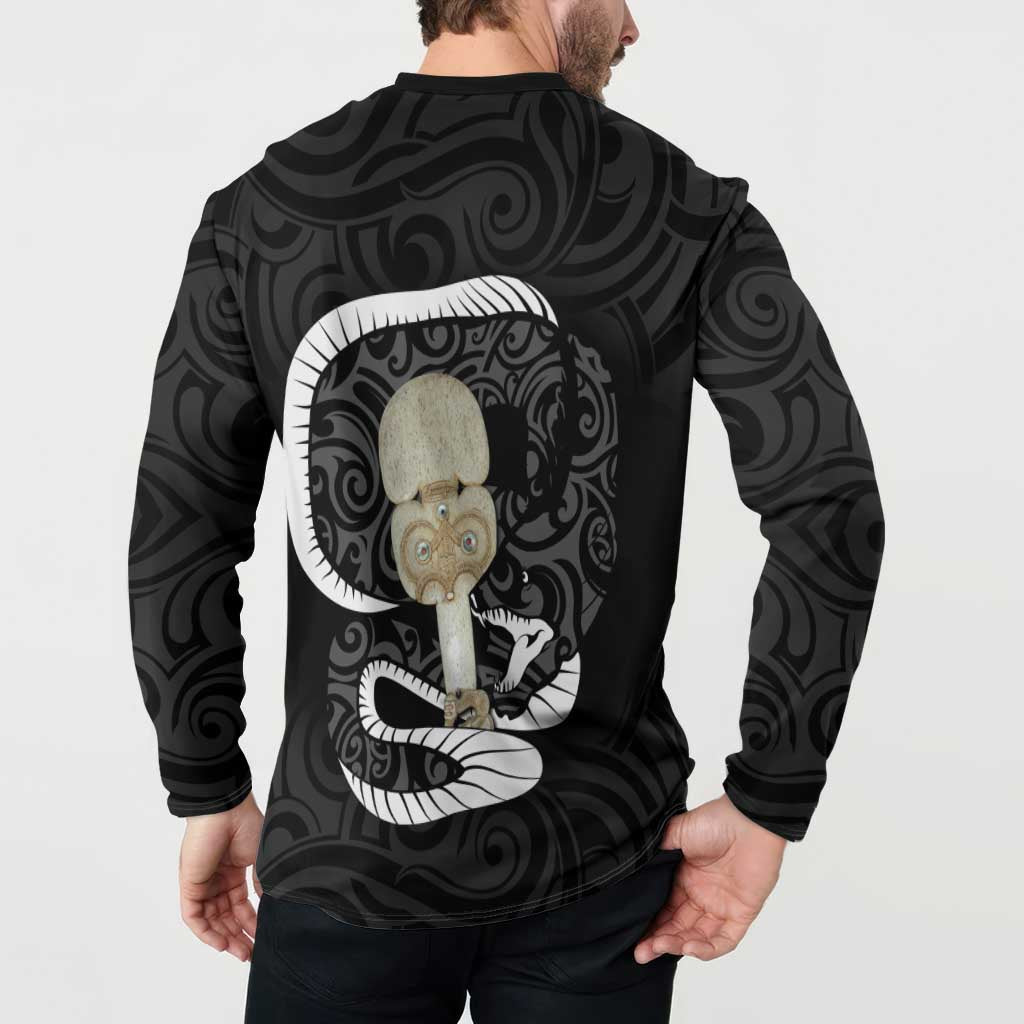 Black New Zealand Eel Button Sweatshirt Aotearoa Maori Tuna With Kotiate Weapon LT14 - Polynesian Pride