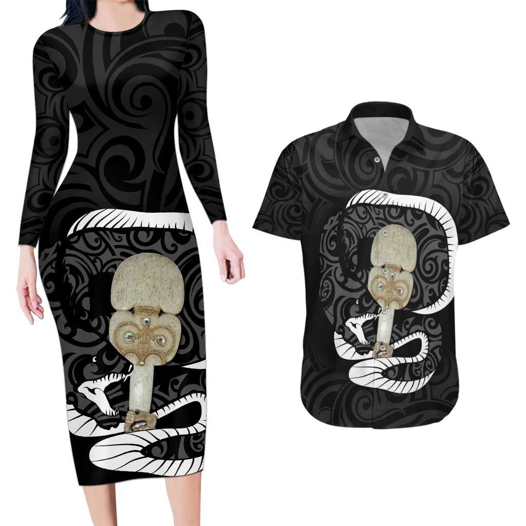 Black New Zealand Eel Couples Matching Long Sleeve Bodycon Dress and Hawaiian Shirt Aotearoa Maori Tuna With Kotiate Weapon