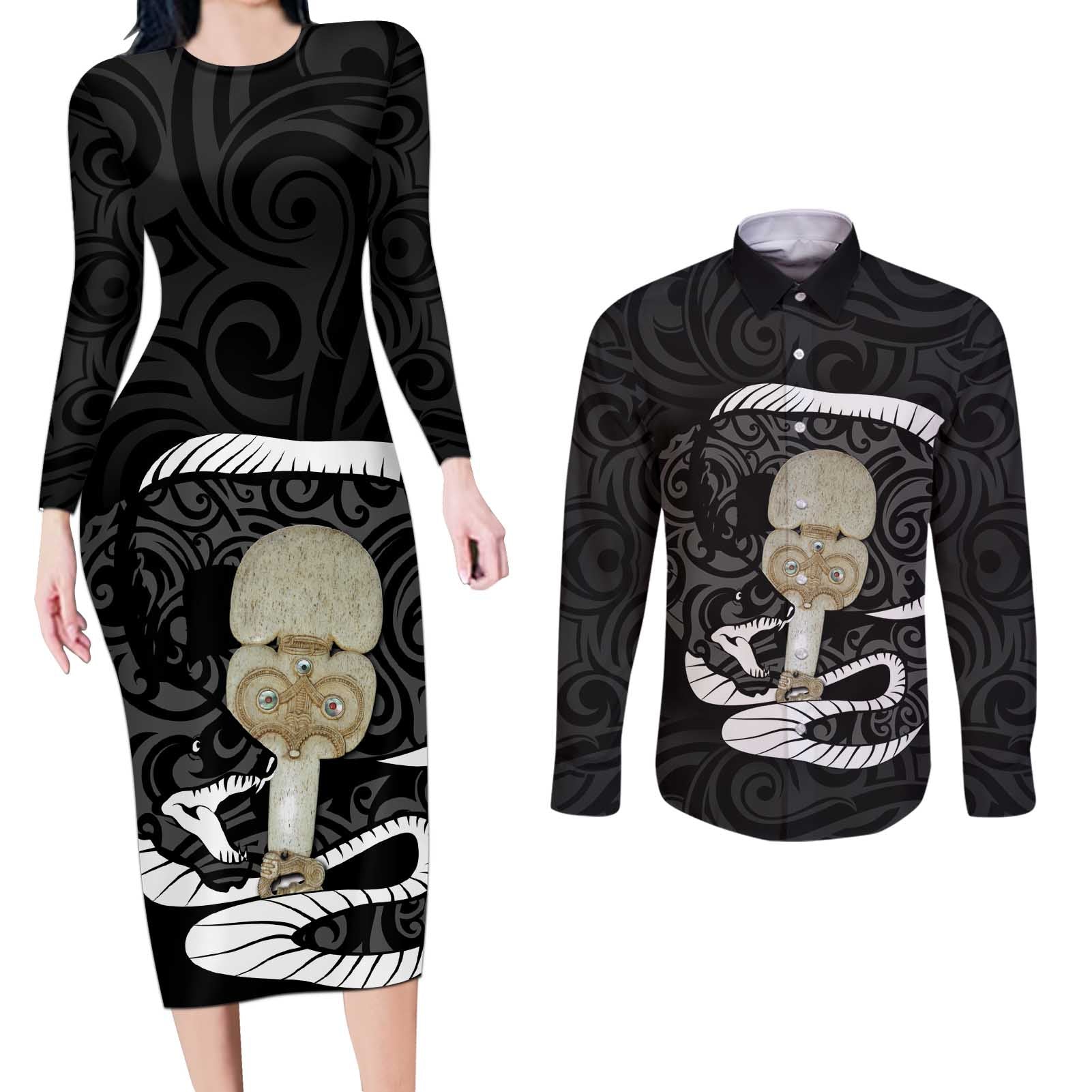 Black New Zealand Eel Couples Matching Long Sleeve Bodycon Dress and Long Sleeve Button Shirt Aotearoa Maori Tuna With Kotiate Weapon