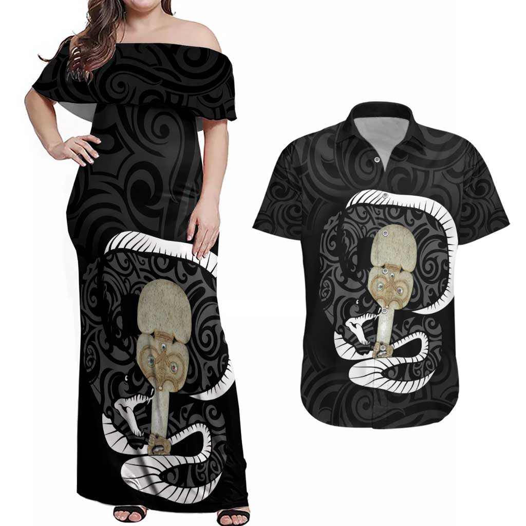 Black New Zealand Eel Couples Matching Off Shoulder Maxi Dress and Hawaiian Shirt Aotearoa Maori Tuna With Kotiate Weapon