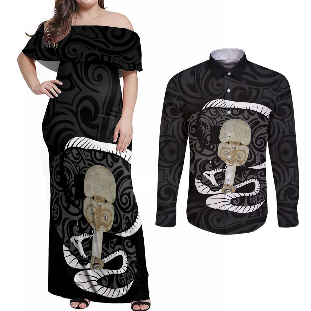 Black New Zealand Eel Couples Matching Off Shoulder Maxi Dress and Long Sleeve Button Shirt Aotearoa Maori Tuna With Kotiate Weapon