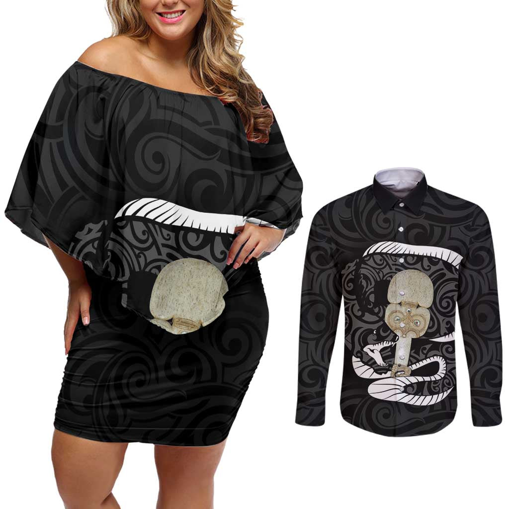 Black New Zealand Eel Couples Matching Off Shoulder Short Dress and Long Sleeve Button Shirt Aotearoa Maori Tuna With Kotiate Weapon