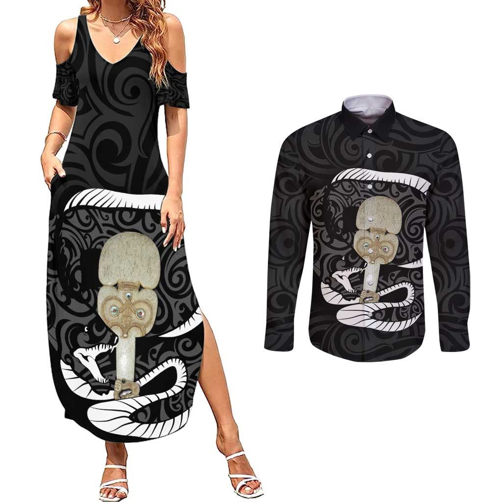 Black New Zealand Eel Couples Matching Summer Maxi Dress and Long Sleeve Button Shirt Aotearoa Maori Tuna With Kotiate Weapon