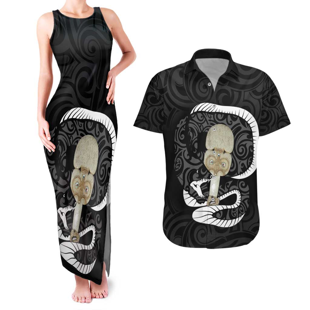 Black New Zealand Eel Couples Matching Tank Maxi Dress and Hawaiian Shirt Aotearoa Maori Tuna With Kotiate Weapon