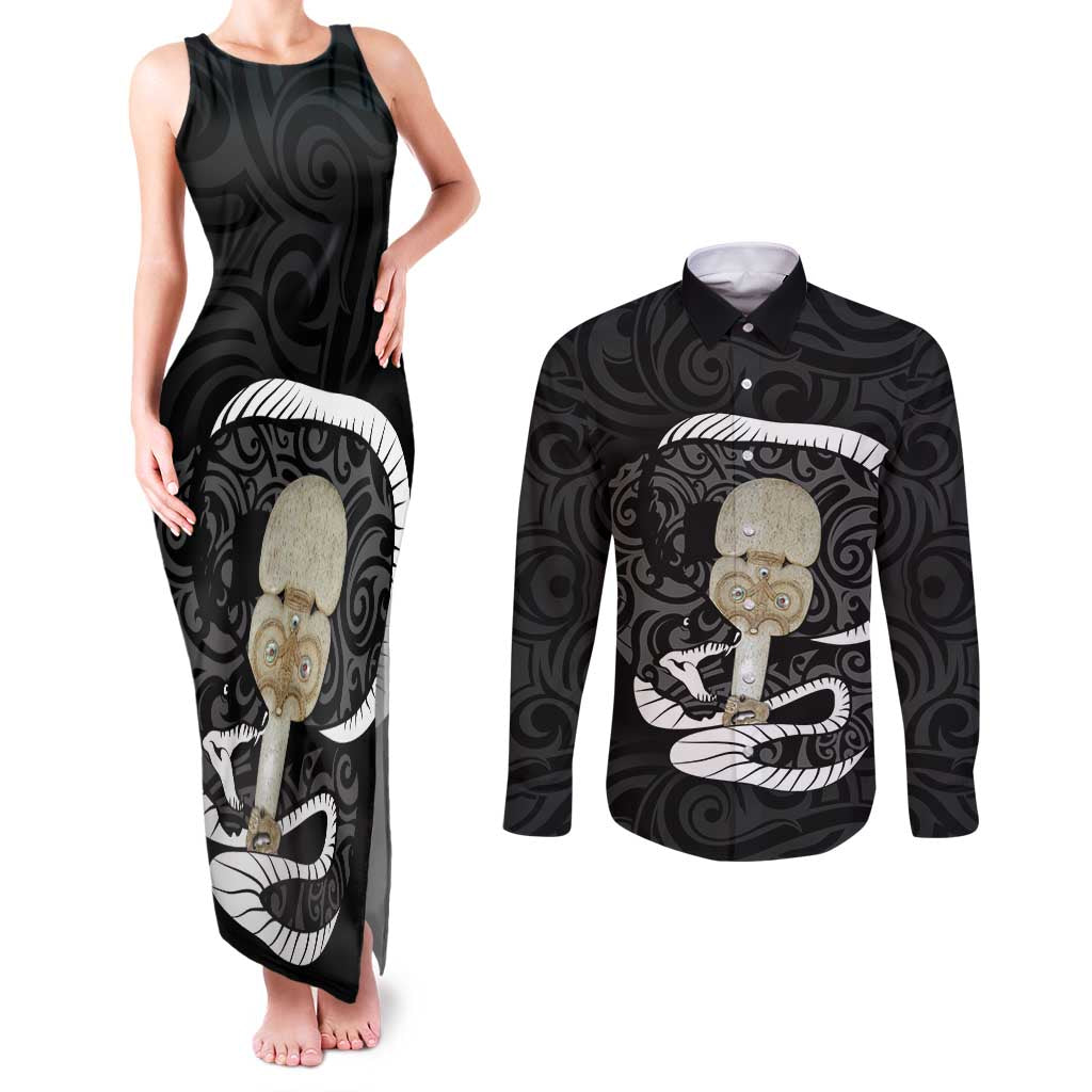 Black New Zealand Eel Couples Matching Tank Maxi Dress and Long Sleeve Button Shirt Aotearoa Maori Tuna With Kotiate Weapon LT14 Black - Polynesian Pride