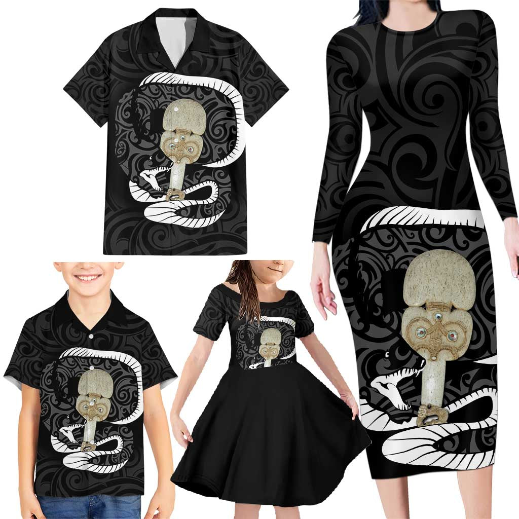 Black New Zealand Eel Family Matching Long Sleeve Bodycon Dress and Hawaiian Shirt Aotearoa Maori Tuna With Kotiate Weapon