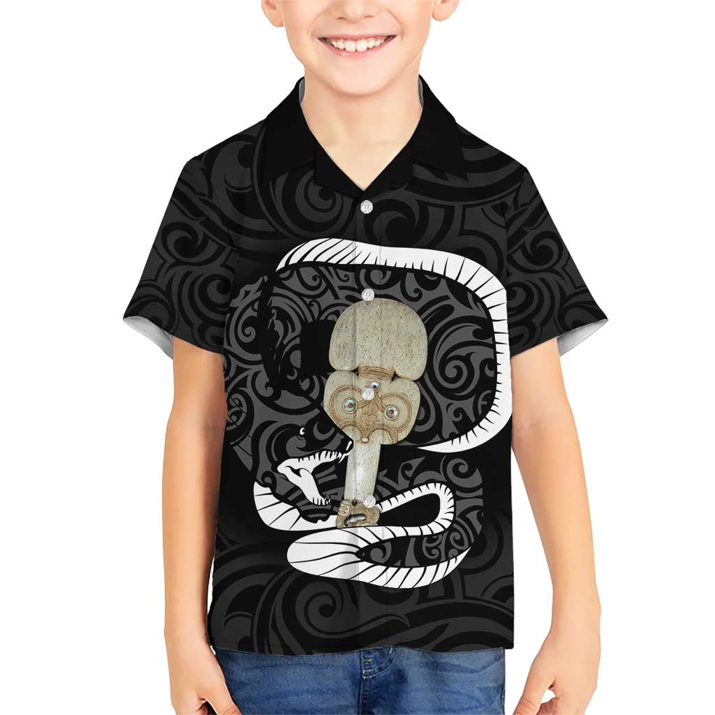 Black New Zealand Eel Family Matching Short Sleeve Bodycon Dress and Hawaiian Shirt Aotearoa Maori Tuna With Kotiate Weapon LT14 Son's Shirt Black - Polynesian Pride