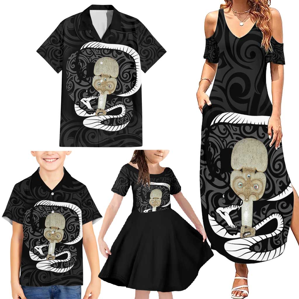 Black New Zealand Eel Family Matching Summer Maxi Dress and Hawaiian Shirt Aotearoa Maori Tuna With Kotiate Weapon LT14 - Polynesian Pride